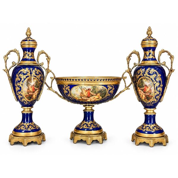 Spanish Sèvres Three Cobalt Blue and Gilt Porcelain Vases with Hand-Painted Classical Scenes