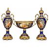 Image 1 : Spanish Sèvres Three Cobalt Blue and Gilt Porcelain Vases with Hand-Painted Classical Scenes