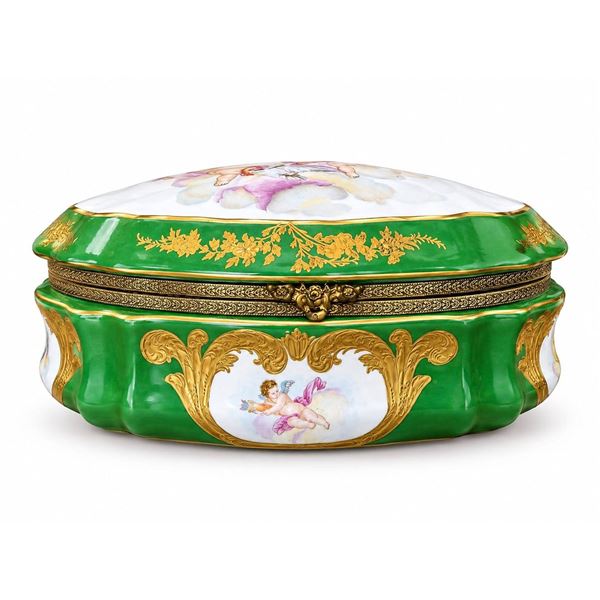 Sèvres Porcelain Jewelry Box with Hand-Painted Cherubs, Gilded Accents, Green and White Design