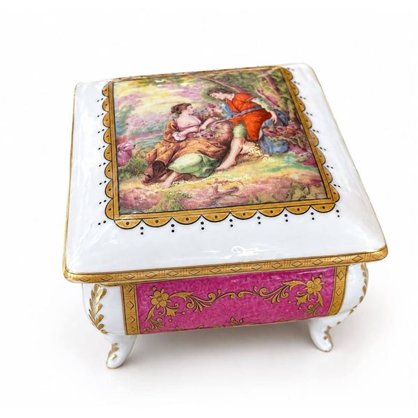 Limoges France Porcelain Footed Box With Hand-Painted Romantic Scenes and Gold Trim