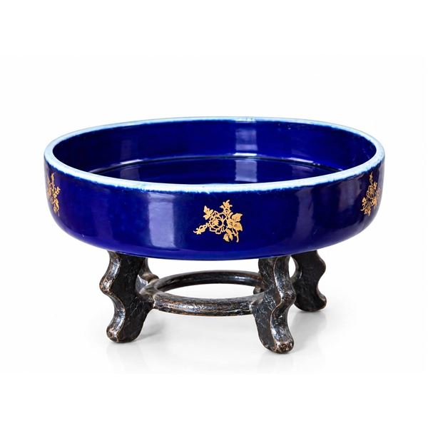 Limoges France Porcelain Bowl, Véritable Bleu de Four, With Metal Stand