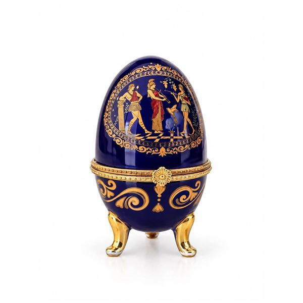 Limoges N Decorative Porcelain Egg Box, Blue and Gold, Greek Motifs, Hinged Lid