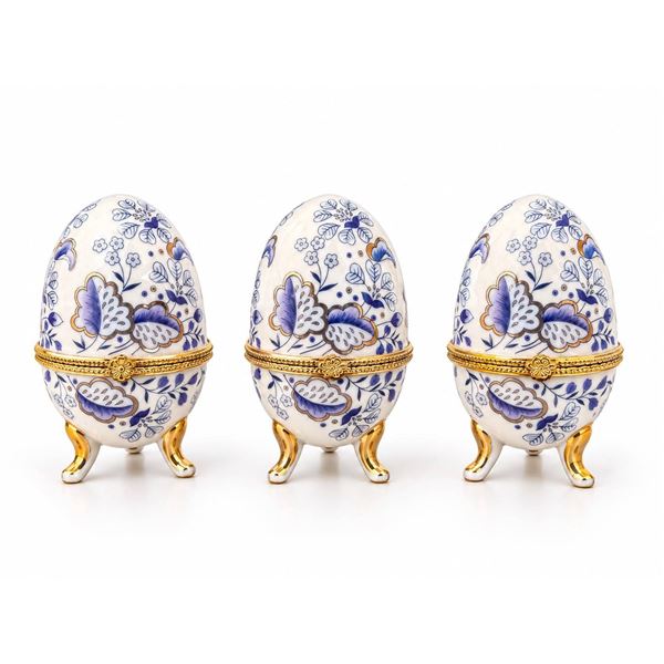 3 Limoges France Porcelain Egg Trinket Boxes with Blue Floral Design and Gilt Trim