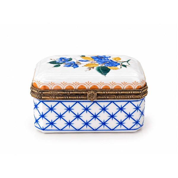 Versailles Limoges French Porcelain Box with Blue Floral Design and Brass Mounts