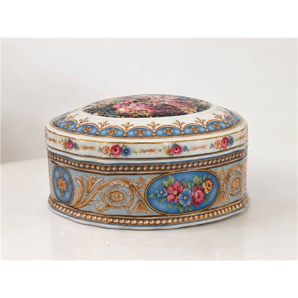 Limoges France Porcelain Lidded Box with Floral and Romantic Scene Decoration