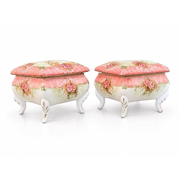 Limoges France Porcelain Lidded Boxes Pink Floral Raised Design