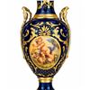Image 10 : Spanish Sèvres. Three Cobalt Blue Porcelain Vases with Gilded Accents and Painted Scenes