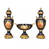 Image 1 : Spanish Sèvres. Three Cobalt Blue Porcelain Vases with Gilded Accents and Painted Scenes