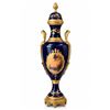 Image 7 : Spanish Sèvres. Three Cobalt Blue Porcelain Vases with Gilded Accents and Painted Scenes
