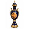 Image 9 : Spanish Sèvres. Three Cobalt Blue Porcelain Vases with Gilded Accents and Painted Scenes