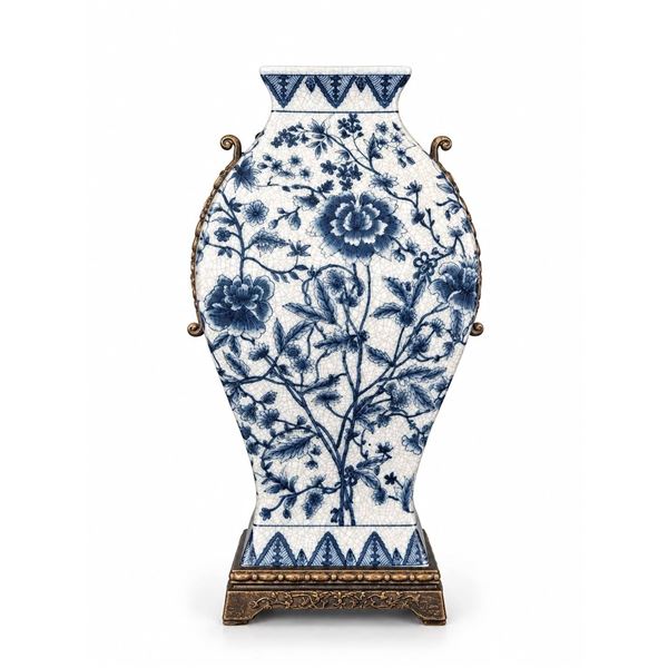 Limoge Blue and White Porcelain Vase with Bronze Mounts, 11 Inch, Floral Pattern