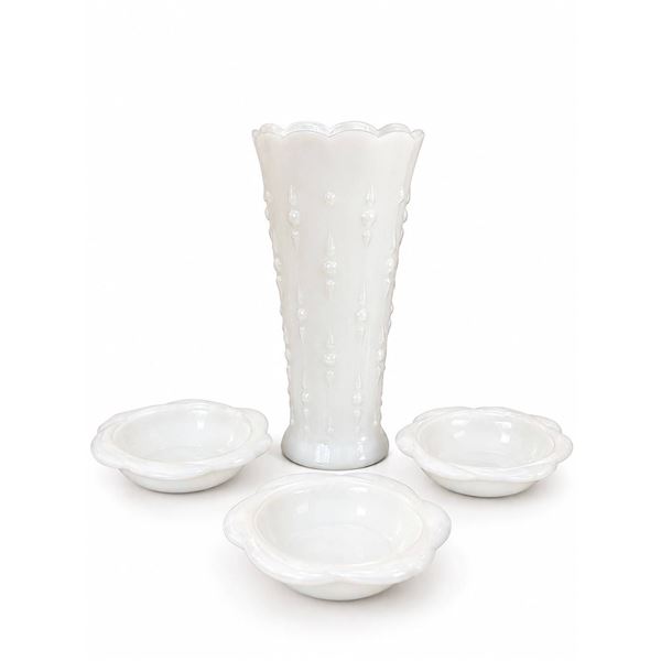 White Glass Hobnail Vase With Scalloped Edge And Three Matching Bowls