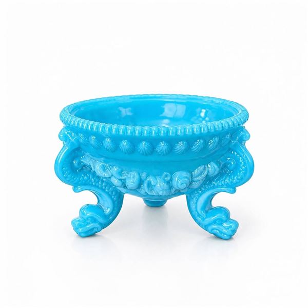 Blue Glazed Ceramic Three-Legged Bowl with Decorative Shell and Dolphin Motifs