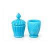 Image 1 : Blue Pressed Glass Vanity Jars With Lid and Leaf Pattern Accent Cup