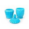 Image 2 : Blue Pressed Glass Vanity Jars With Lid and Leaf Pattern Accent Cup