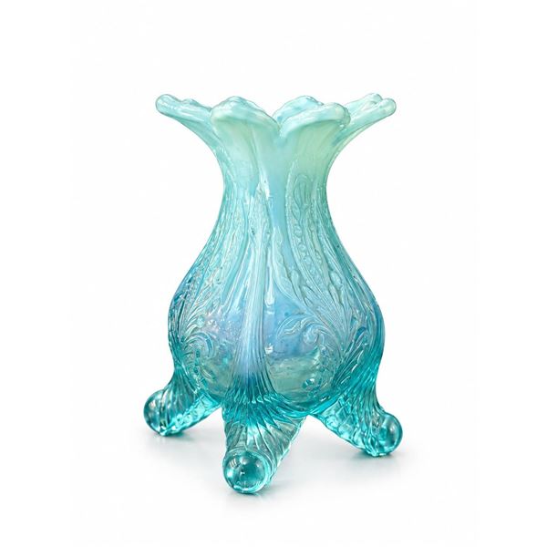 Blue Opalescent Tripod Art Glass Vase with Scrollwork Decoration