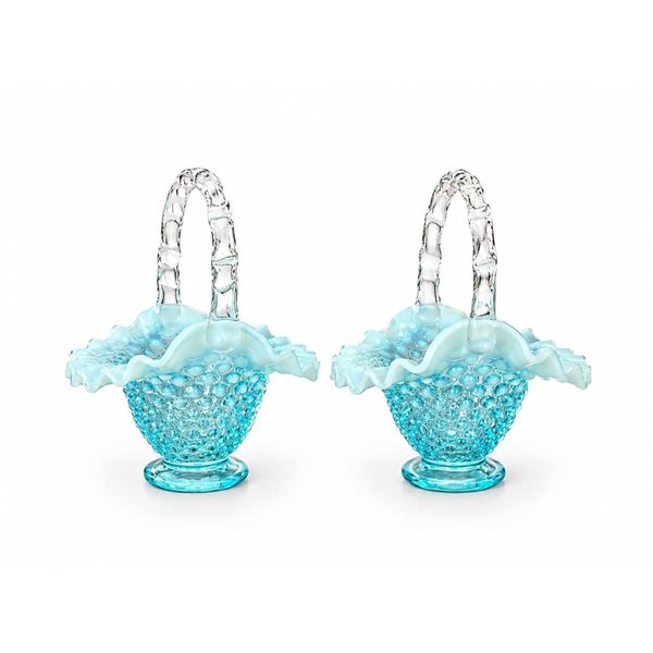Blue Opalescent Hobnail Glass Baskets with Clear Twisted Handles