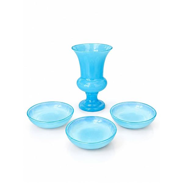 Blue Art Glass: One Urn-Shaped Vase and Three Round Shallow Bowls