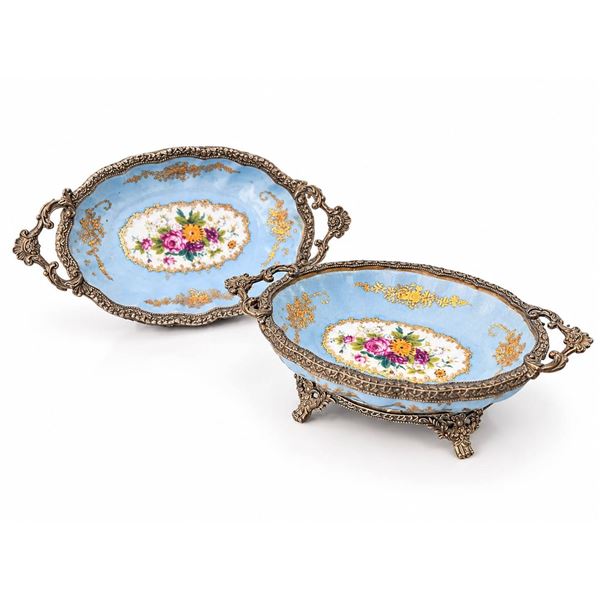 Sèvres Style Porcelain and Gilt Metal Footed Bowls, Blue Floral, Marked Sèvres Style