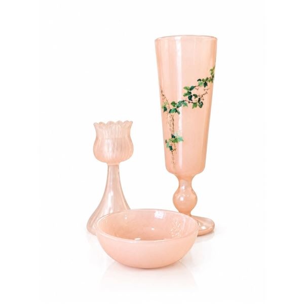 3 Pink Depression Glass Pieces With Floral Etching and Hand-Painted Details