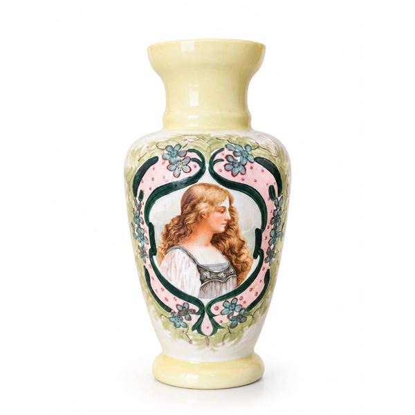 Hand-Painted Opaline Vase with Portrait of Woman and Floral Accents