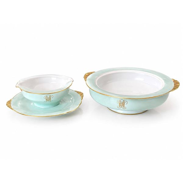 Limoges France La Genvillière Porcelain Bowl and Gravy Boat with Monogram and Gold Trim