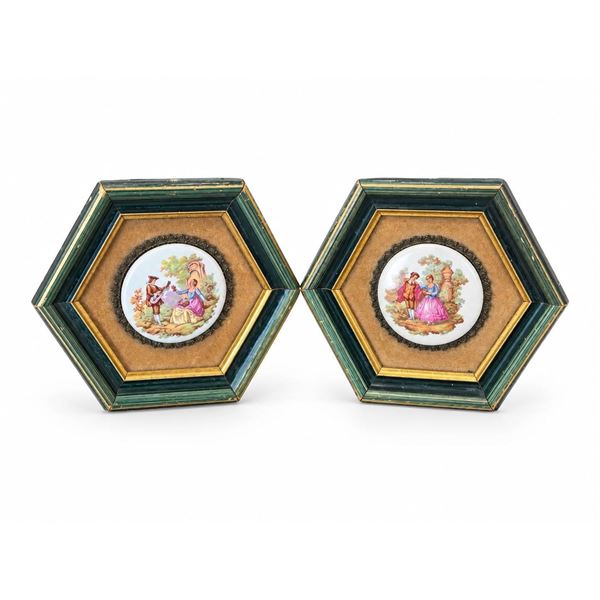 Framed Hexagonal Porcelain Plaques with Romantic Scenes