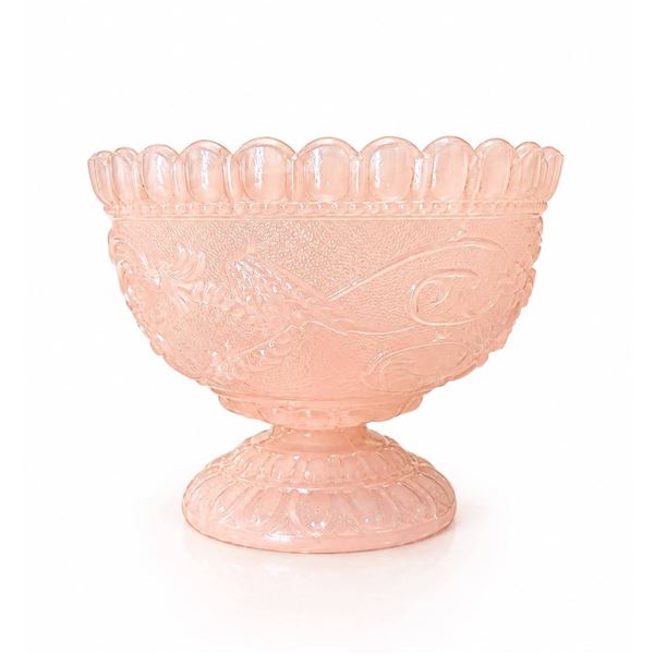 Pink Pressed Glass Pedestal Bowl with Scalloped Edge and Embossed Phoenix Design