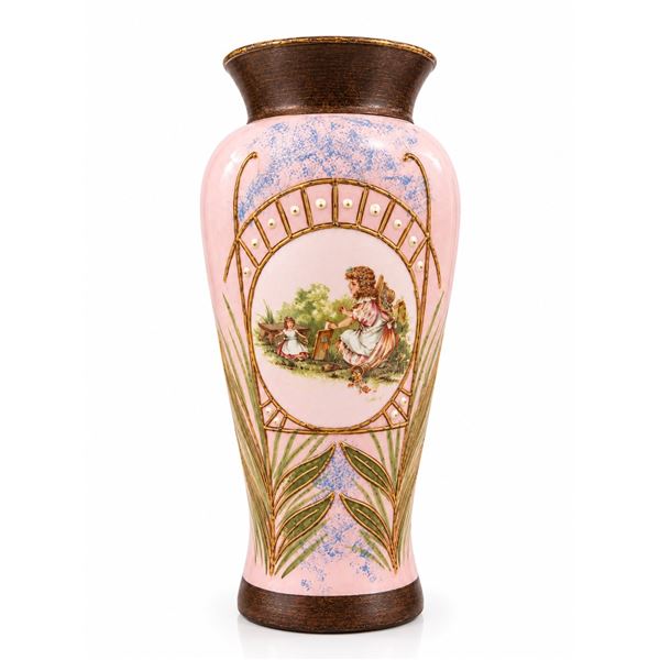 Decorative Pink opaline Vase with Painted Scene of Two Girls and Gold Detailing