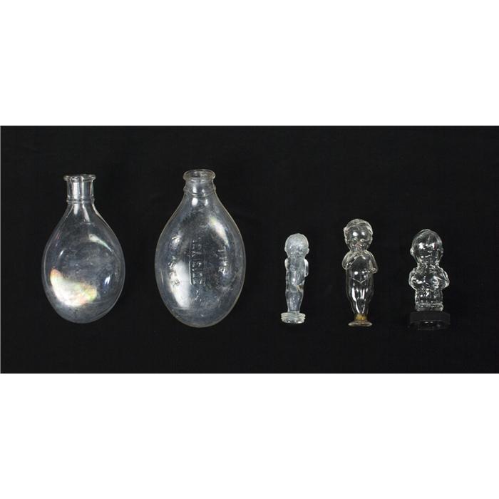 5 Antique Clear Glass Nursing Bottles & Babies