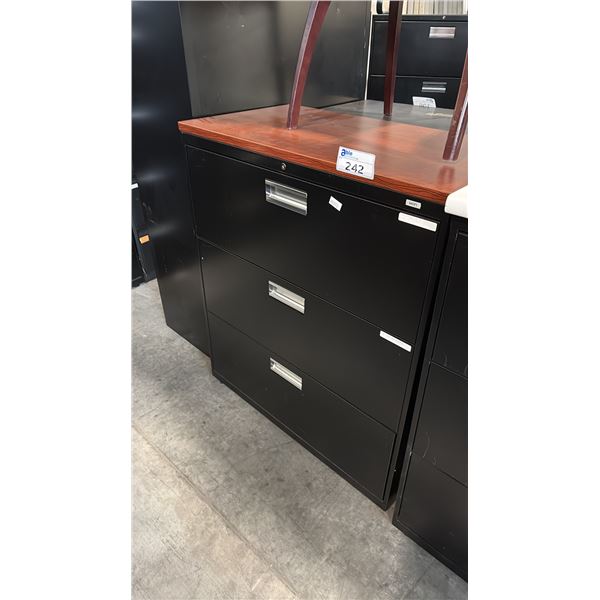 BLACK 3 DRAWER LATERAL FILE CABINET WITH CHERRY TOP