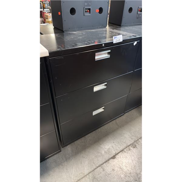 BLACK 3 DRAWER LATERAL FILE CABINET WITH CHERRY TOP