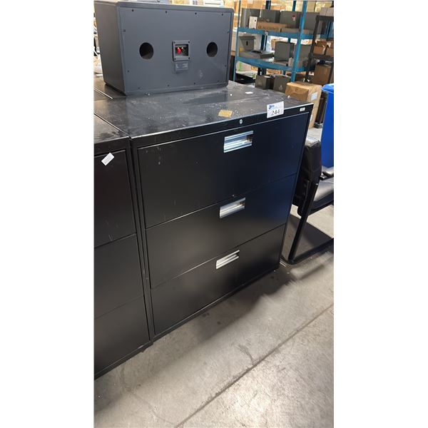 BLACK 3 DRAWER LATERAL FILE CABINET WITH CHERRY TOP