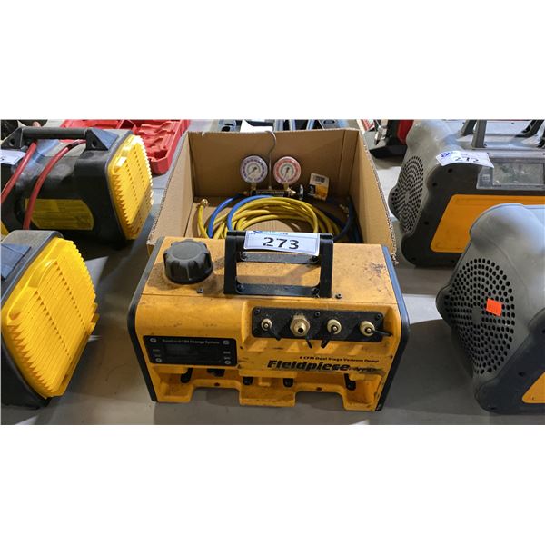 FIELDPIECE YELLOW AND BLACK DUAL-STAGE VACUUM PUMP WITH YELLOW JACKET SERIES 41 2-VALVE TEST