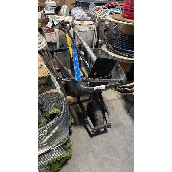 UNION TOOLS CONTRACTOR WHEELBARROW, DEWALT DIGGING SHOVEL, ROK ALUMINUM STRAIGHT EDGE AND MORE