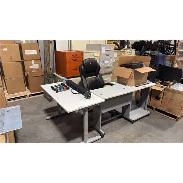 WHITE MINIMALIST OFFICE DESK, BLACK PADDED HIGH-BACK EXECUTIVE CHAIR, WIRELESS MICROPHONE &