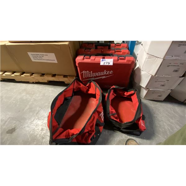 SET OF A SMALL AND MIDSIZE MILWAUKEE TOOL BAGS AND 3 MIDSIZE MILWAUKEE TOOL HARD TRANSPORT CASES