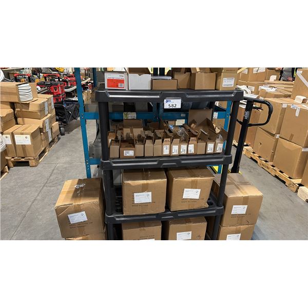 4-TIER HEAVY-DUTY MOLDED PLASTIC SHELVES W/ SUPPLIES INCL COPPER FITTINGS PLASTIC ELECTRICAL