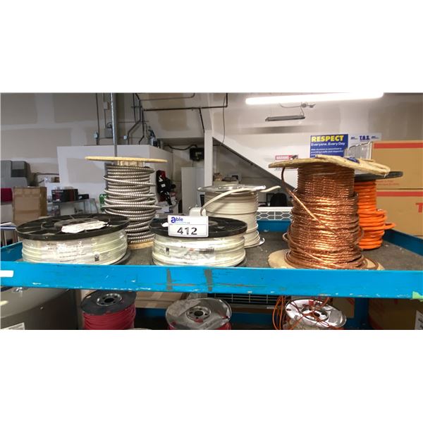 SHELF OF SPOOLS OF 6 ASSORTED WIRE AND CABLE INCLUDING COPPER-STRANDED GROUNDING WIRE,