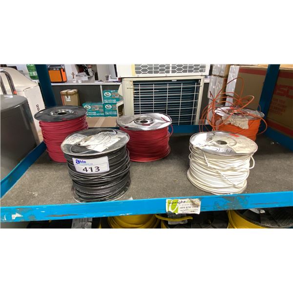 SHELF OF 5 SPOOLS OF ASSORTED COLOURS SINGLE CONDUCTOR ELECTRICAL AND BUILDING WIRE