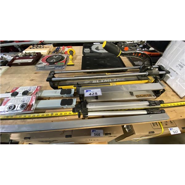 SET OF TOOLS AND ACCESSORIES INCLUDING QEP SLIMLINE TILE CUTTER AND 2 OFFSET DUCT STRETCHERS