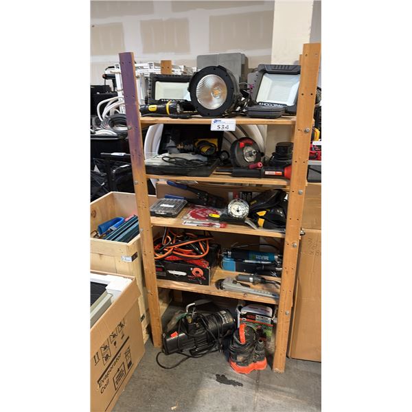 SHELVING UNIT INCL ASSORTED LED LIGHTING PRODUCTS, HAND TOOLS PUMPS AND MISC.