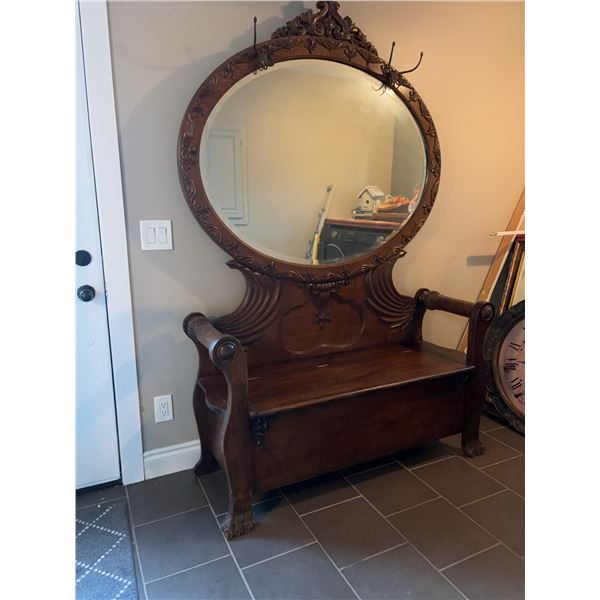 Ornate Carved Wood Hall Tree With Mirror Bench