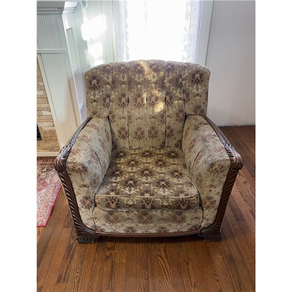 Upholstered Armchair With Carved Wood Detail