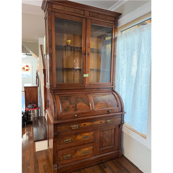 Walnut Roll-Top Secretary Bookcase Desk