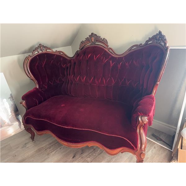 Carved Wood Victorian Red Velvet Settee
