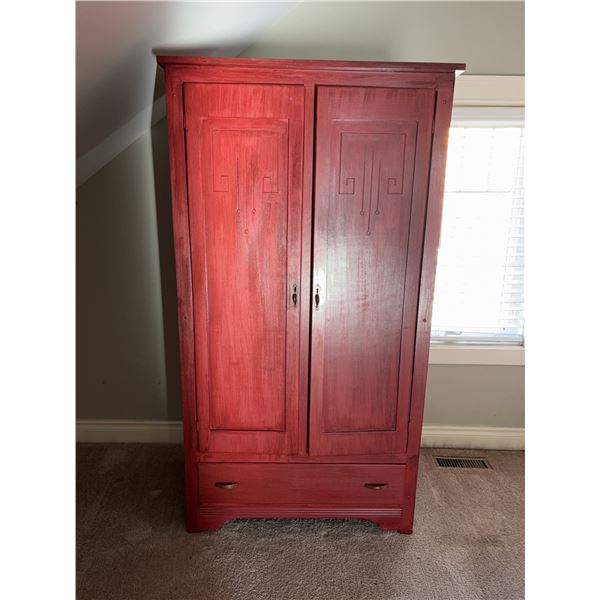 Red Painted Wooden Armoire With Carved Doors