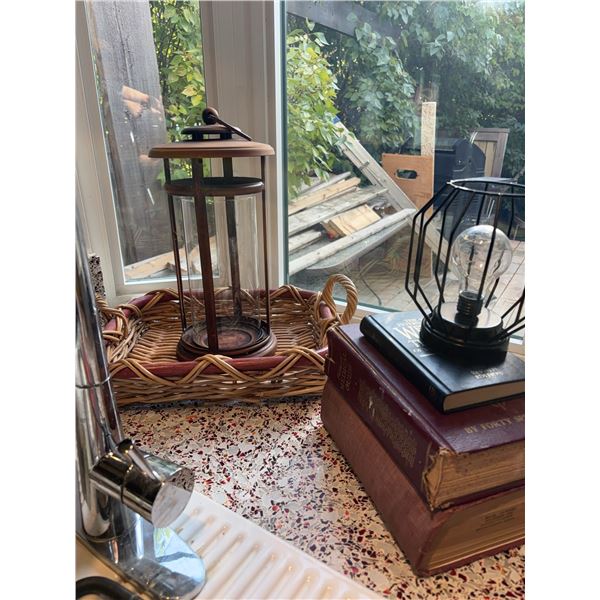 Decorative Lantern, Metal Lamp, Books, and Tray