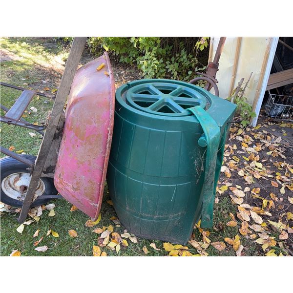 Old Metal Wheelbarrow and Plastic Compost Bin