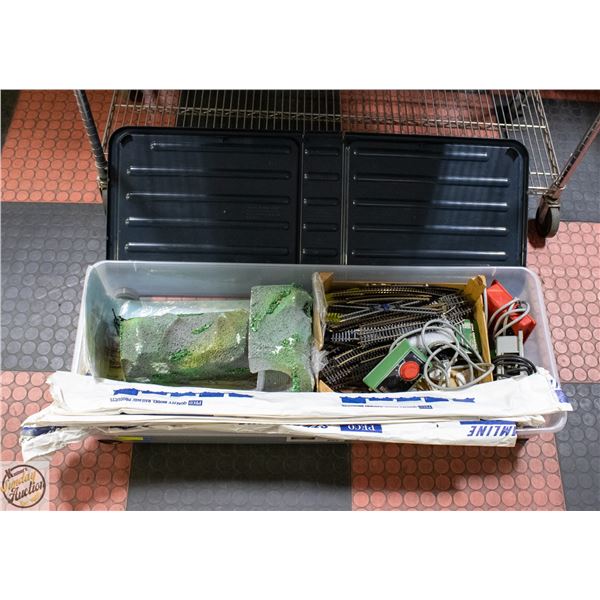 LOT OF VARIOUS MODEL TRAIN RAILS WITH DISPLAY ITEM